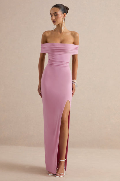 Emari | Pink Bardot-Neck Tie Back Maxi Dress With Front-High Split