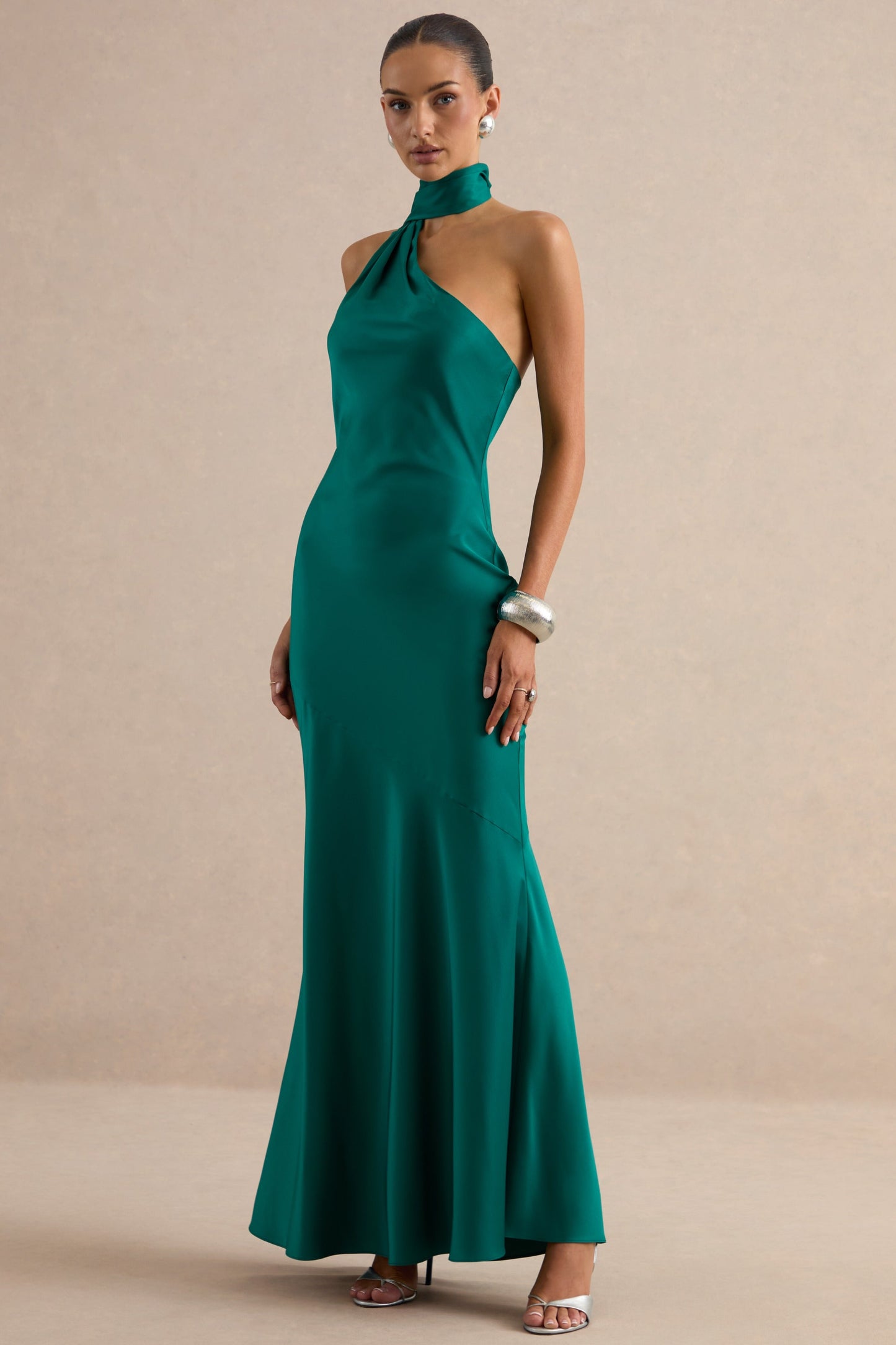Jorina | Green Satin Asymmetric-Neck Maxi Dress With Scarf Detail