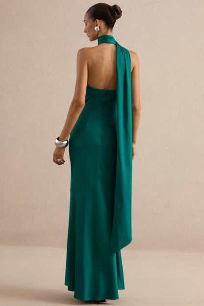 Jorina | Green Satin Asymmetric-Neck Maxi Dress With Scarf Detail