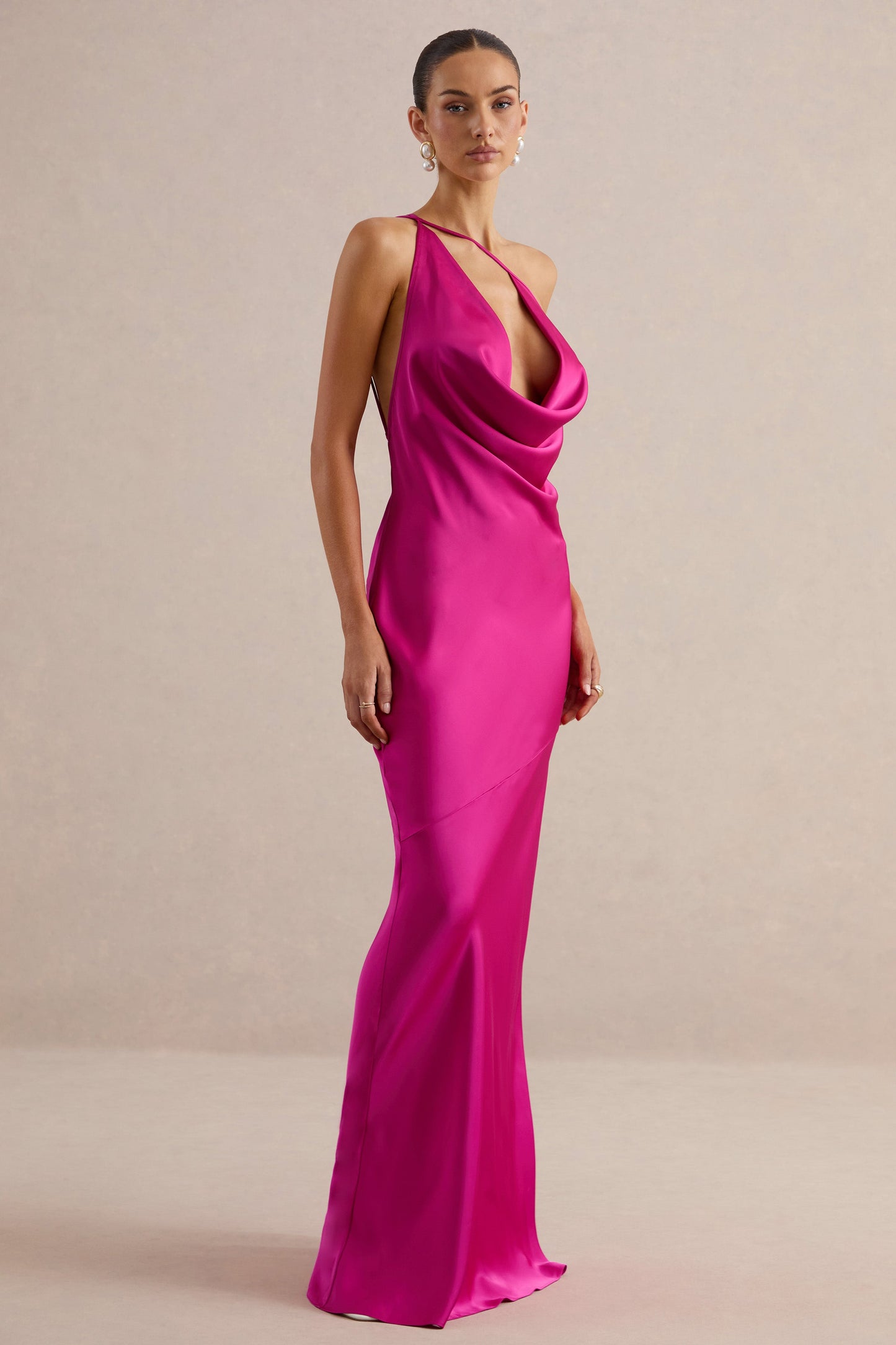 Kamalyn | Hot Pink Satin Asymmetric-Neck Maxi Dress