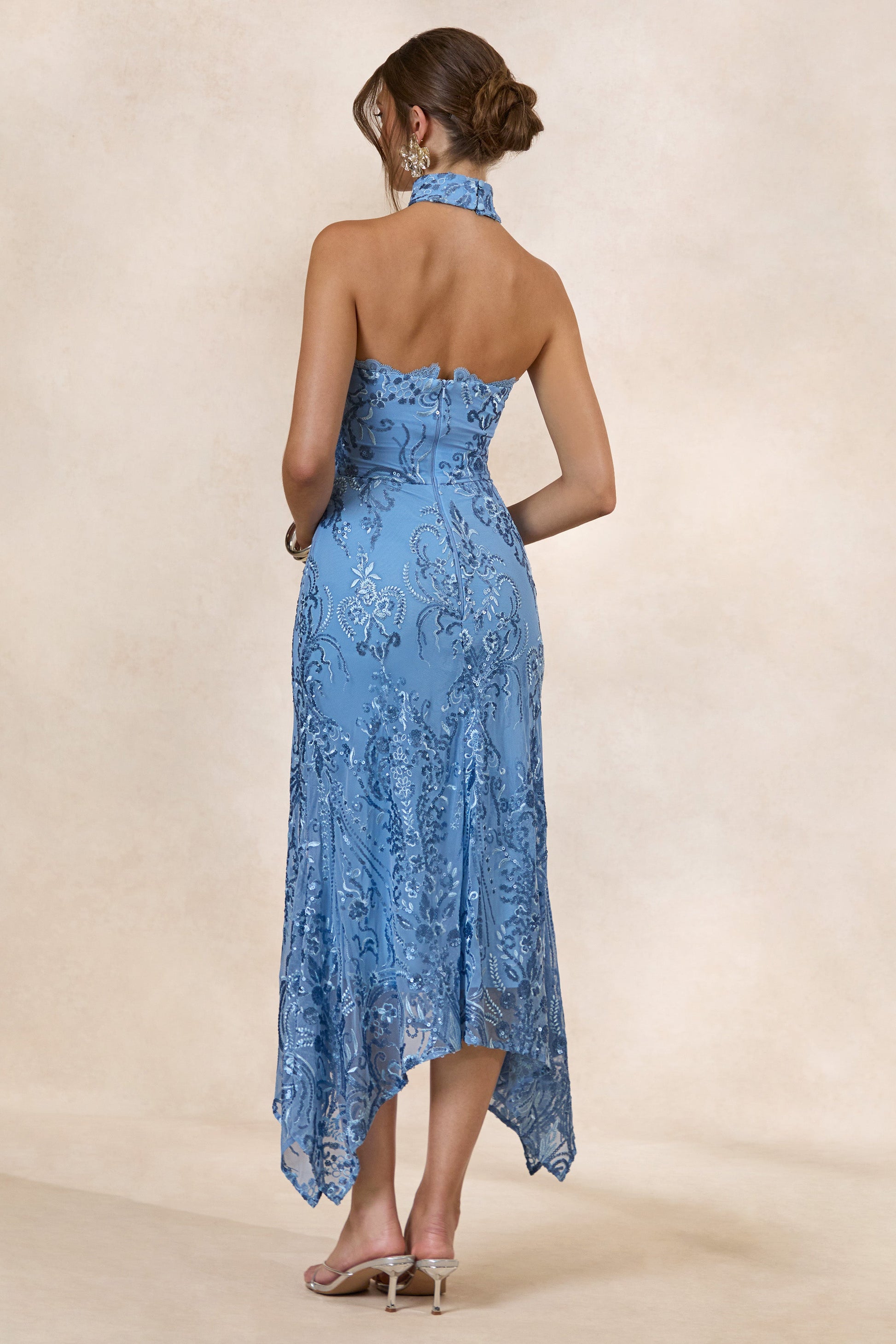 Galathea | Blue Lace Bandeau-Neck Midi Dress With Collar Detail