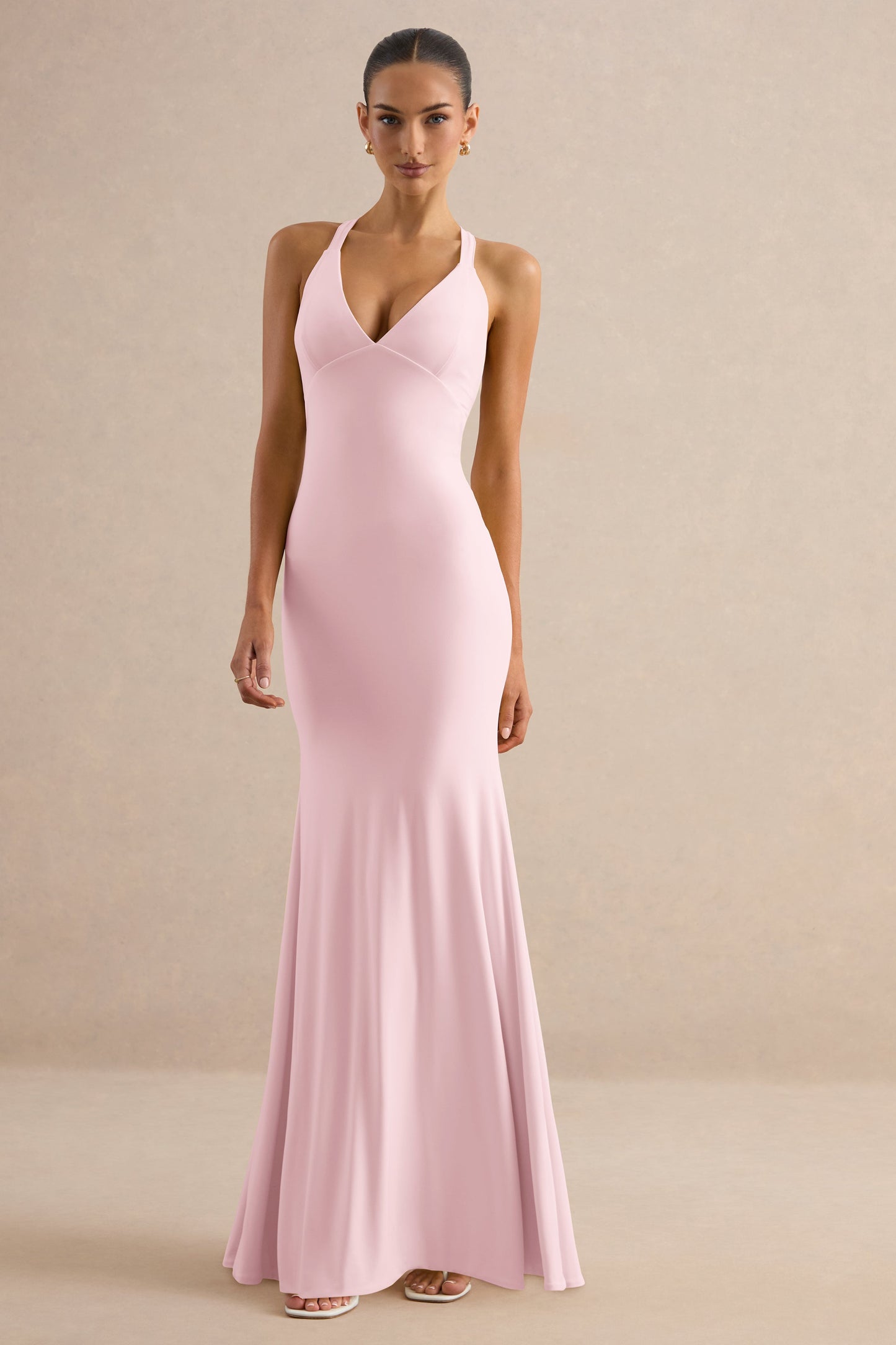 Goldiea | Light Pink Halter-Neck Fishtail Maxi Dress