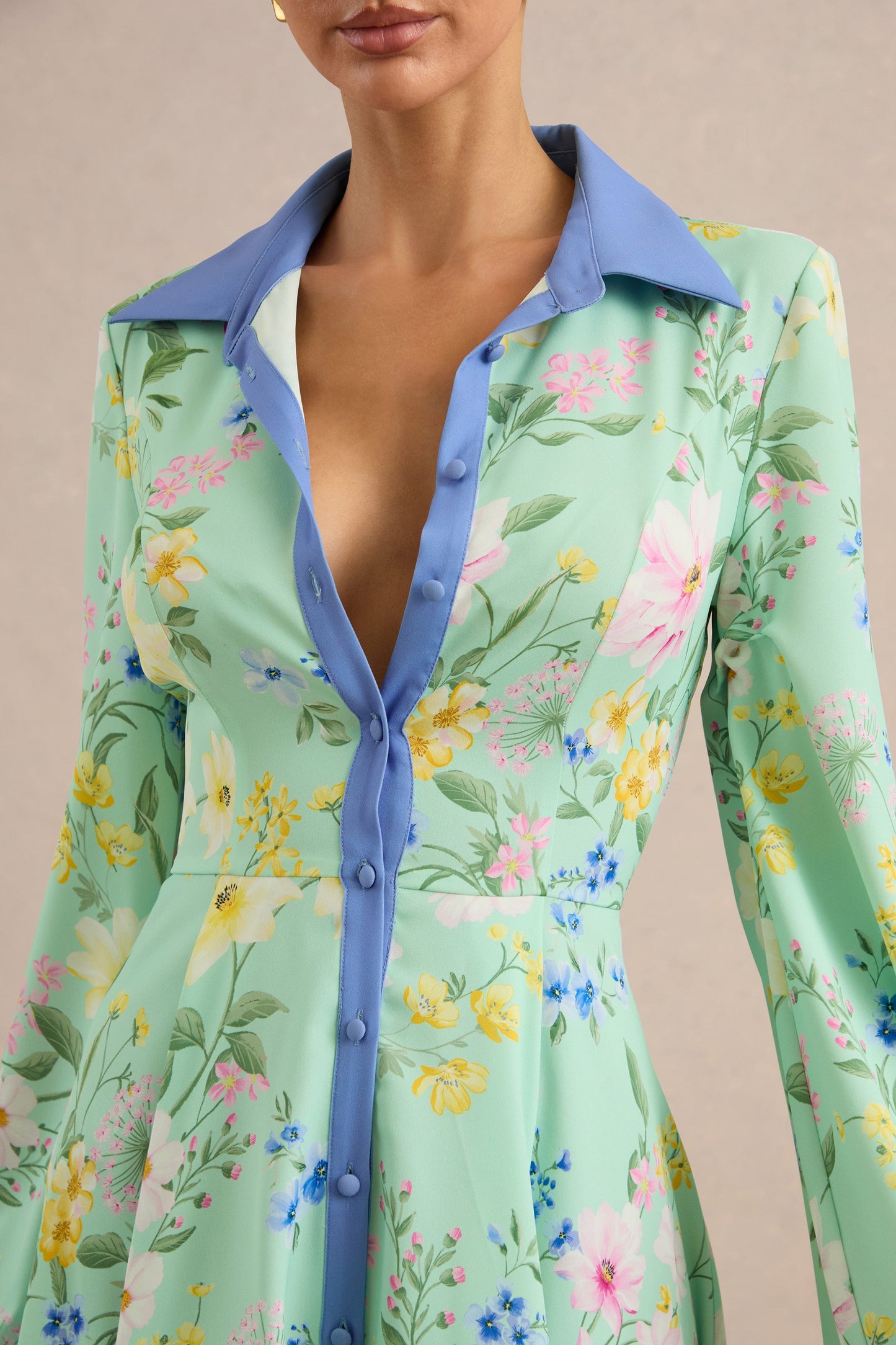 Ionee | Mint Floral Border Print Mini Shirt Dress