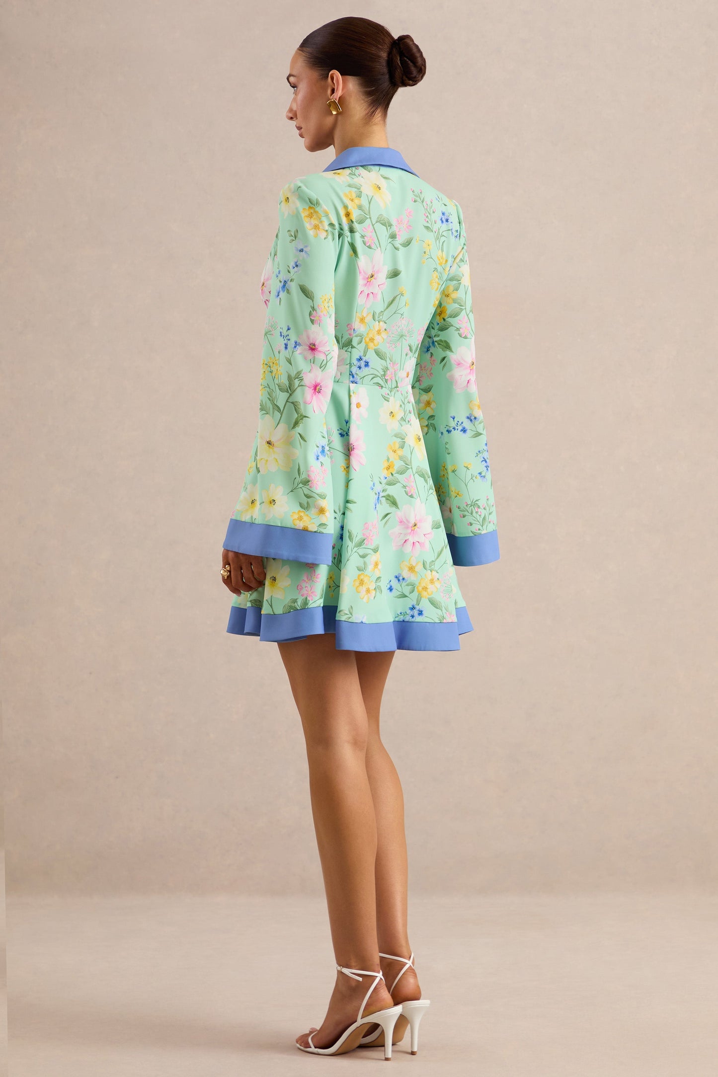 Ionee | Mint Floral Border Print Mini Shirt Dress