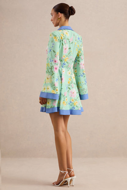 Ionee | Mint Floral Border Print Mini Shirt Dress