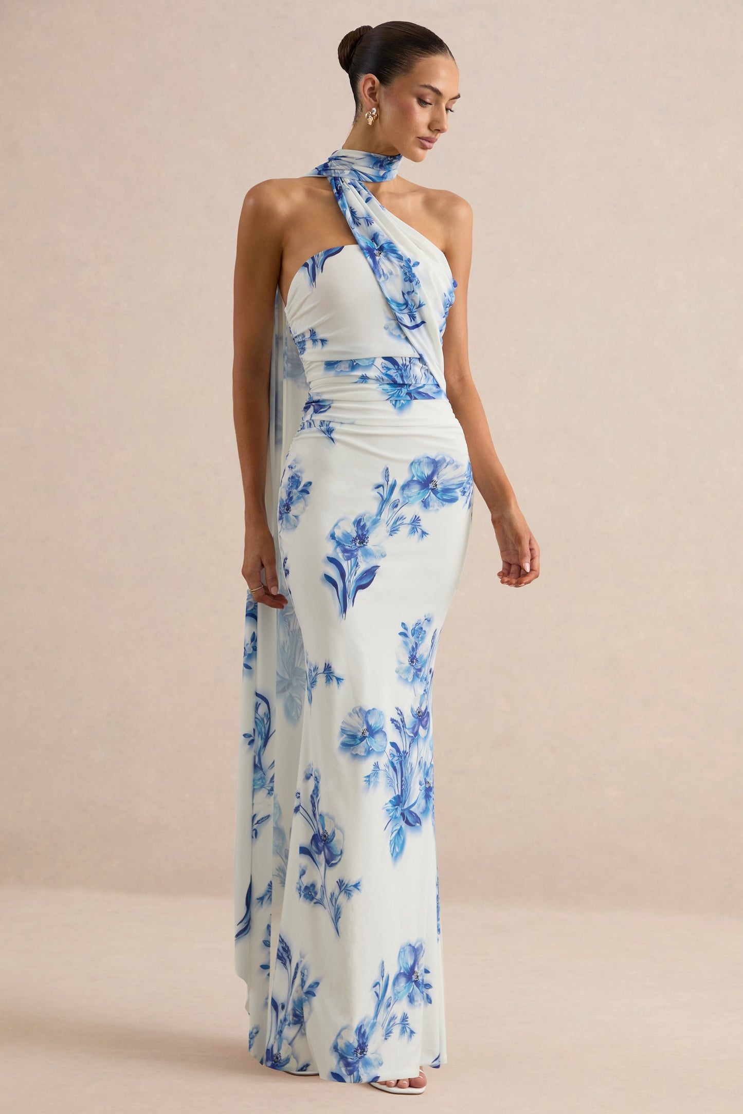 Iraida | Blue Floral Print High-Neck Maxi Dress With Scarf Detail