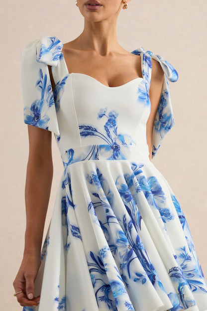 Ismeray | Blue Floral Print Sweetheart-Neck Skater Mini Dress