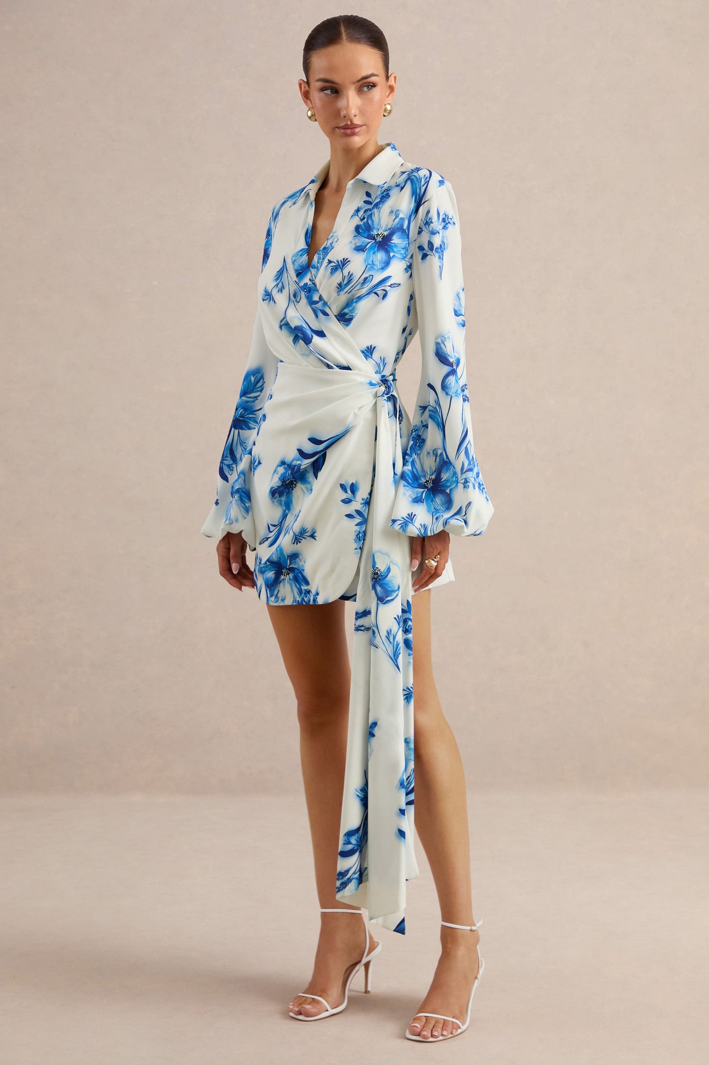 Itzara | Blue Floral Print Plunge-Neck Wrap Dress With Belt Detail