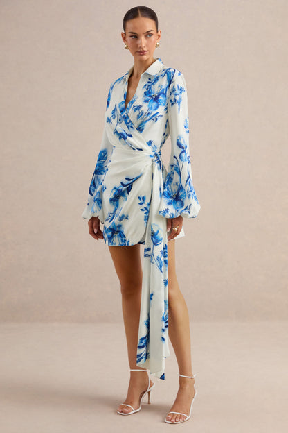 Itzara | Blue Floral Print Plunge-Neck Wrap Dress With Belt Detail