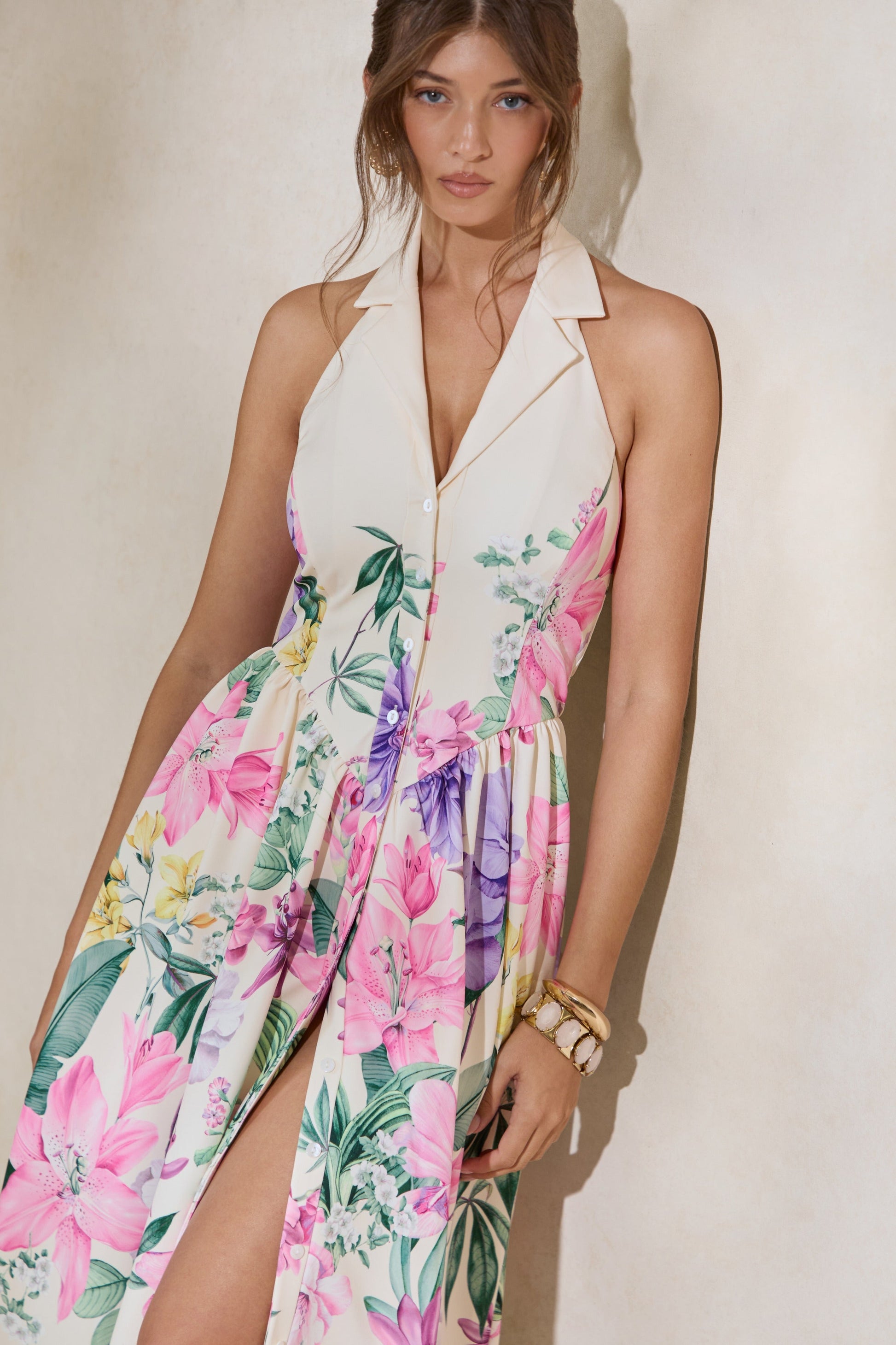 Maila | Cream Floral Print Collared Halter-Neck Midi Dress