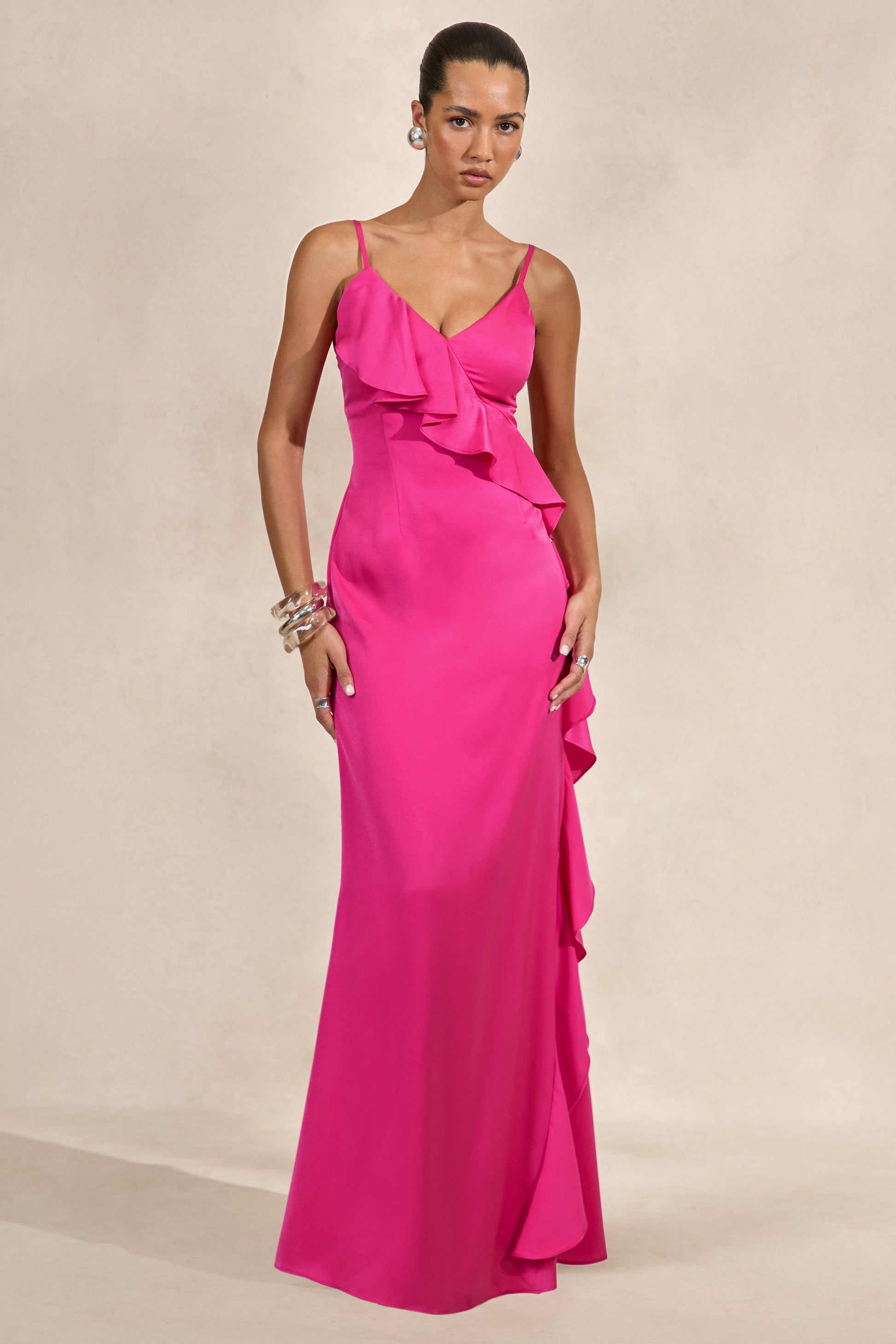 Marcelina | Hot Pink Satin V-Neck Maxi Dress With Ruffled Detailing