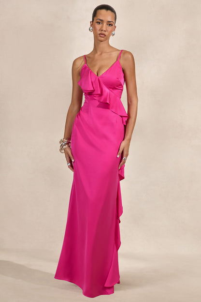 Marcelina | Hot Pink Satin V-Neck Maxi Dress With Ruffled Detailing