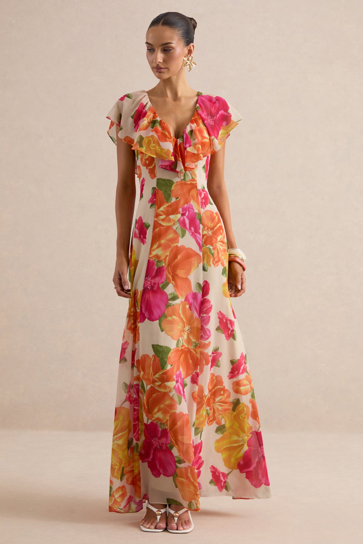 Naelle | Orange Floral Print Chiffon Plunge-Neck Maxi Dress With Ruffled Detailing