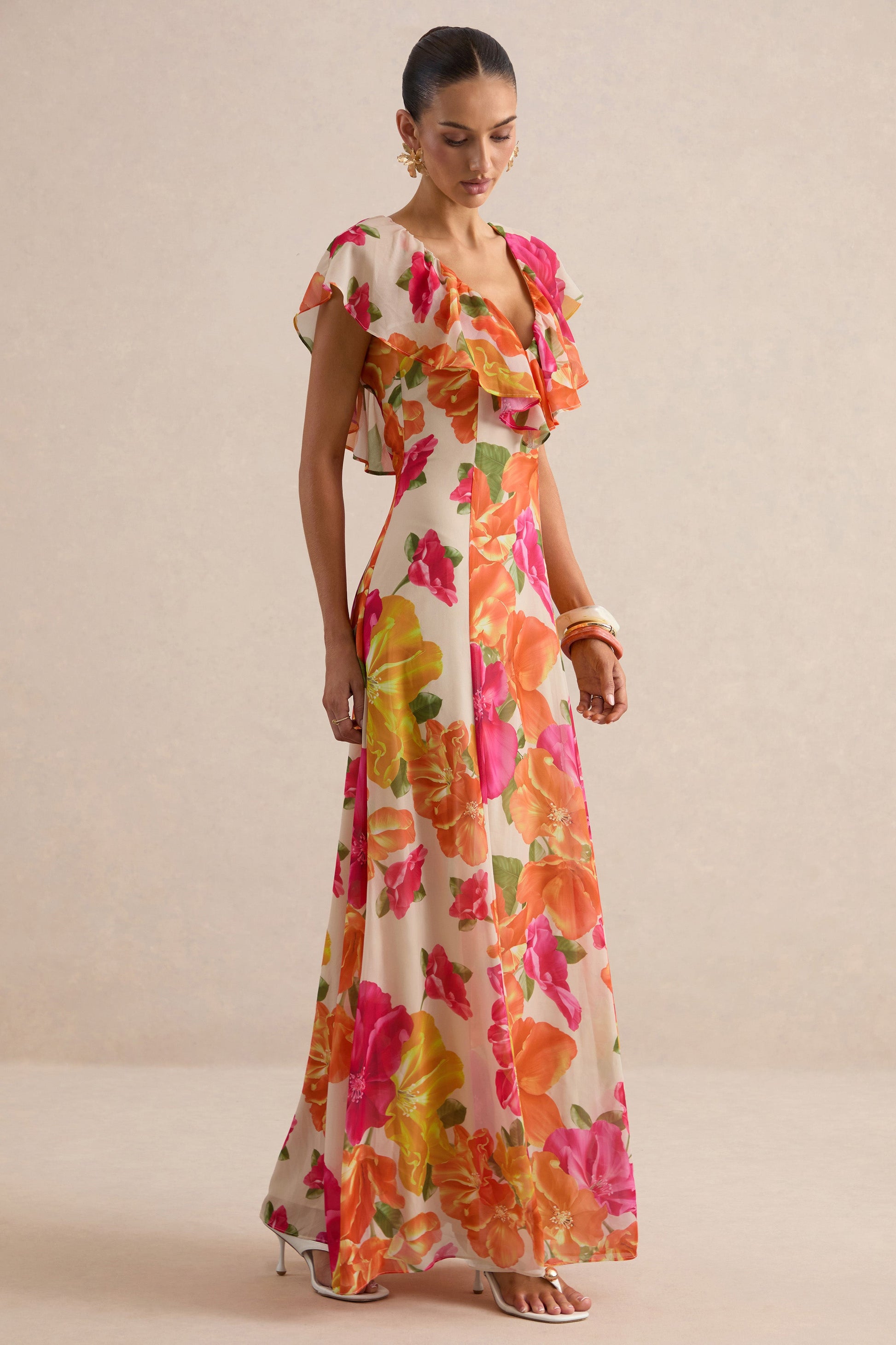 Naelle | Orange Floral Print Chiffon Plunge-Neck Maxi Dress With Ruffled Detailing
