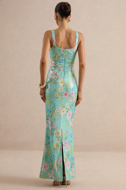 Danette | Mint Floral Print Sequin Square-Neck Maxi Dress