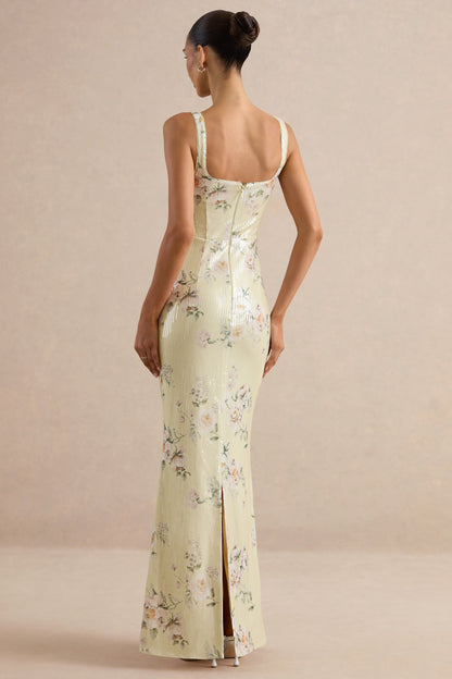 Danette | Yellow Floral Print Sequin Square-Neck Maxi Dress
