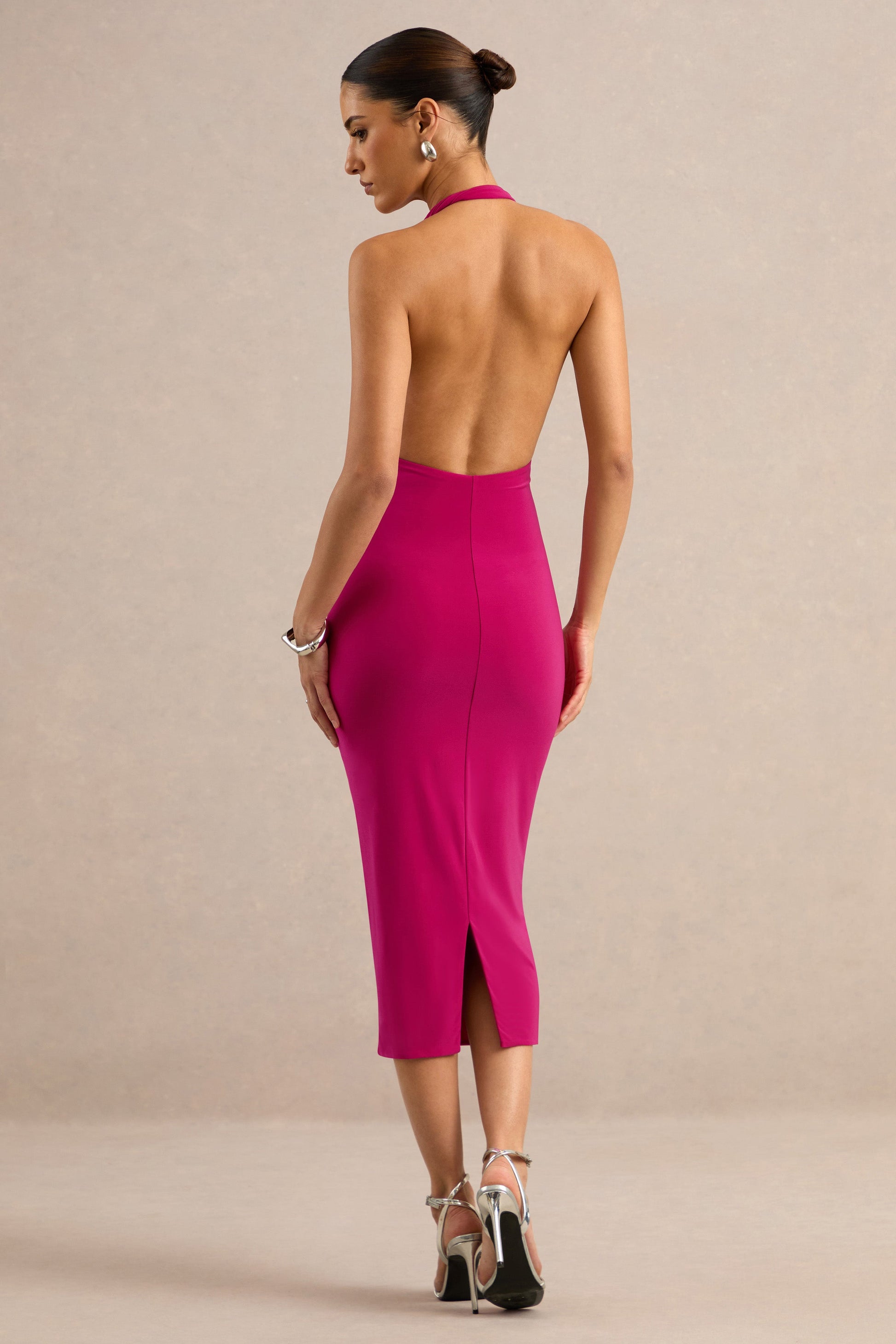 Vela | Hot Pink Asymmetric-Neck Midi Dress