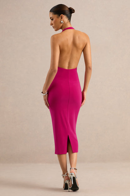 Vela | Hot Pink Asymmetric-Neck Midi Dress
