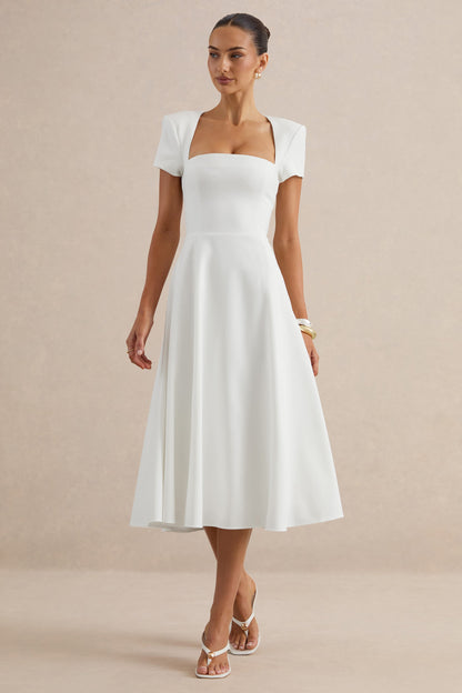 Donia | White Square-Neck Midi Skater Dress