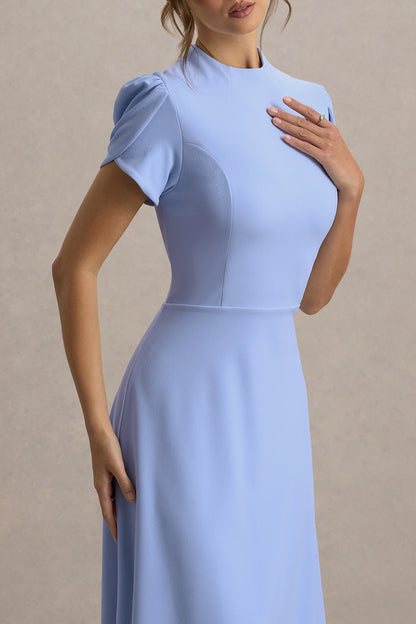 Vicky | Powder Blue High Neck Midi Dress With Puff Sleeves