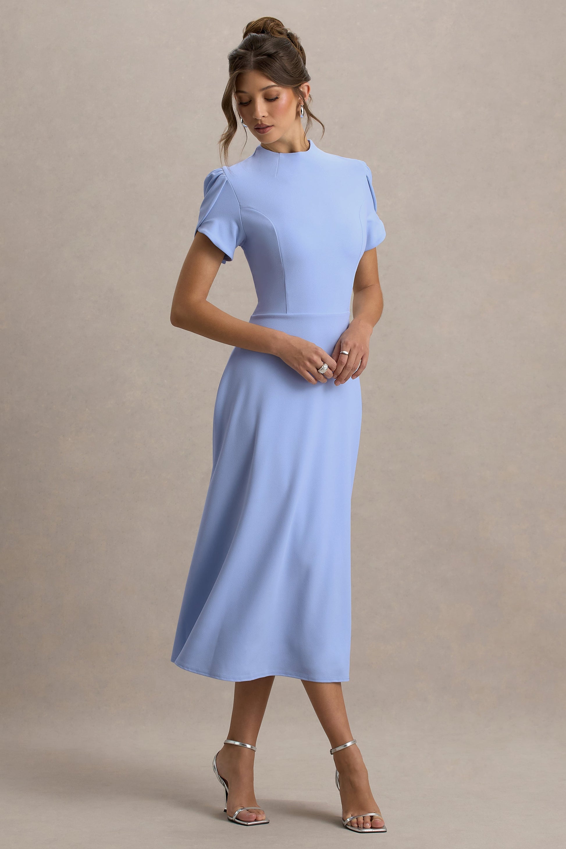 Vicky | Powder Blue High Neck Midi Dress With Puff Sleeves