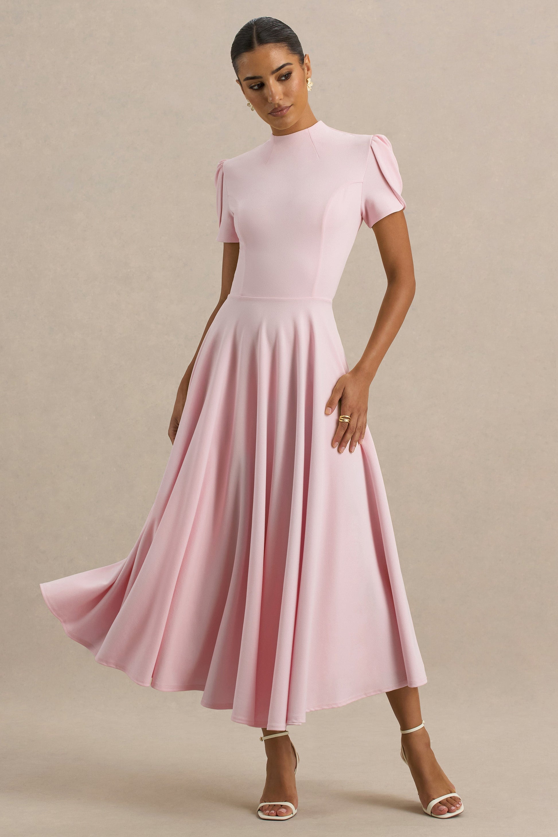 Vicky | Light Pink High Neck Midi Dress With Puff Sleeves