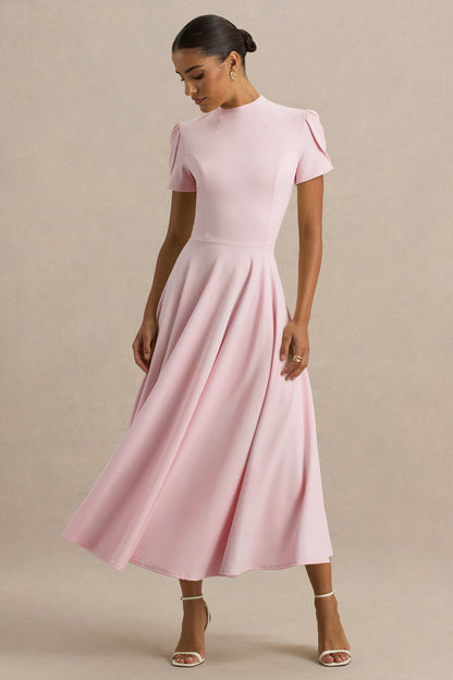 Vicky | Light Pink High Neck Midi Dress With Puff Sleeves