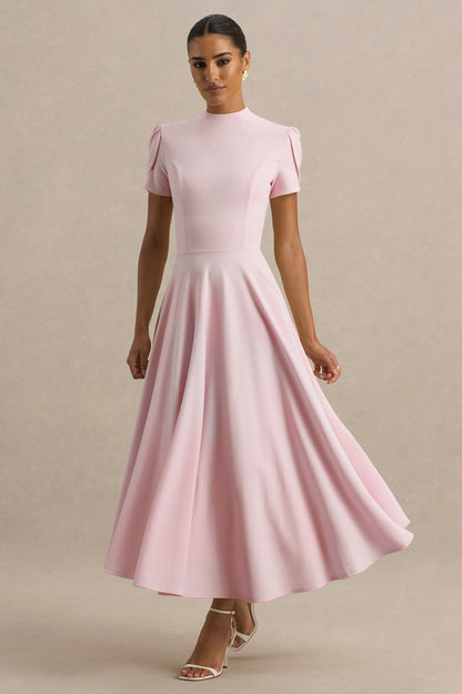 Vicky | Light Pink High Neck Midi Dress With Puff Sleeves