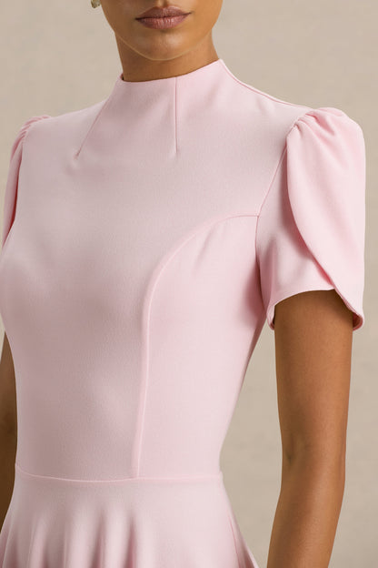 Vicky | Light Pink High Neck Midi Dress With Puff Sleeves