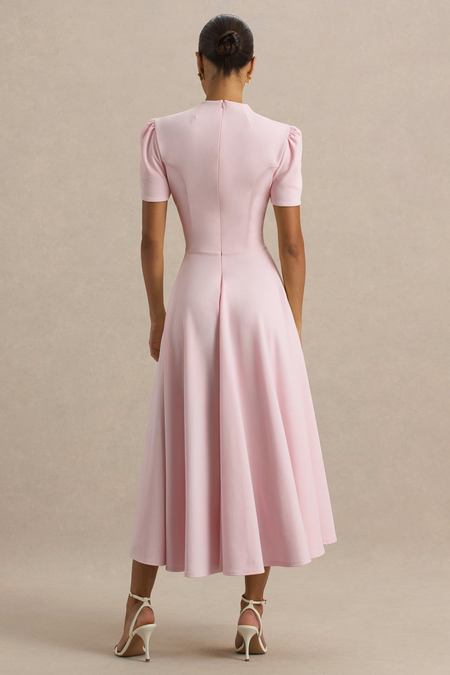 Vicky | Light Pink High Neck Midi Dress With Puff Sleeves
