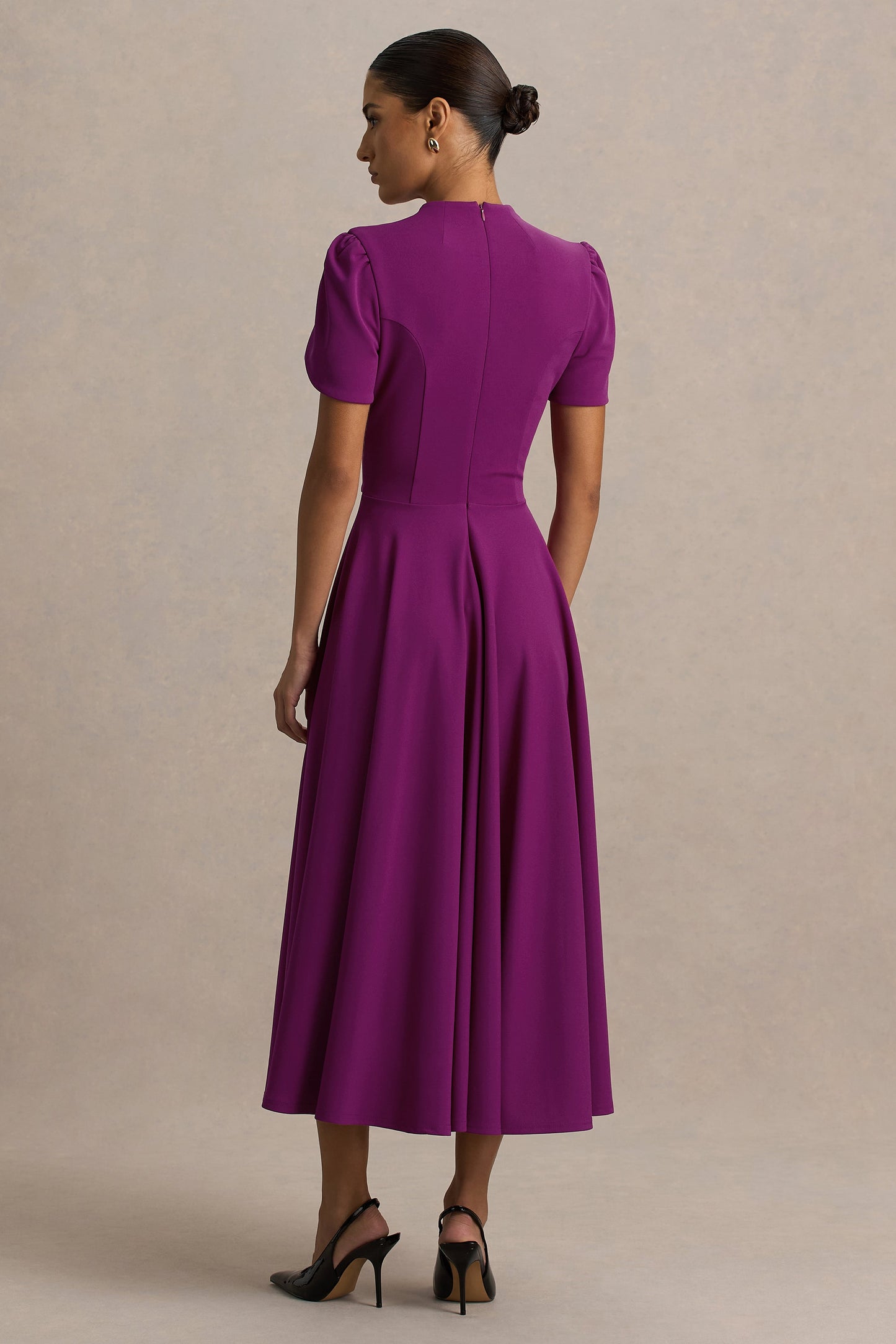 Vicky | Plum High Neck Midi Dress With Puff Sleeves