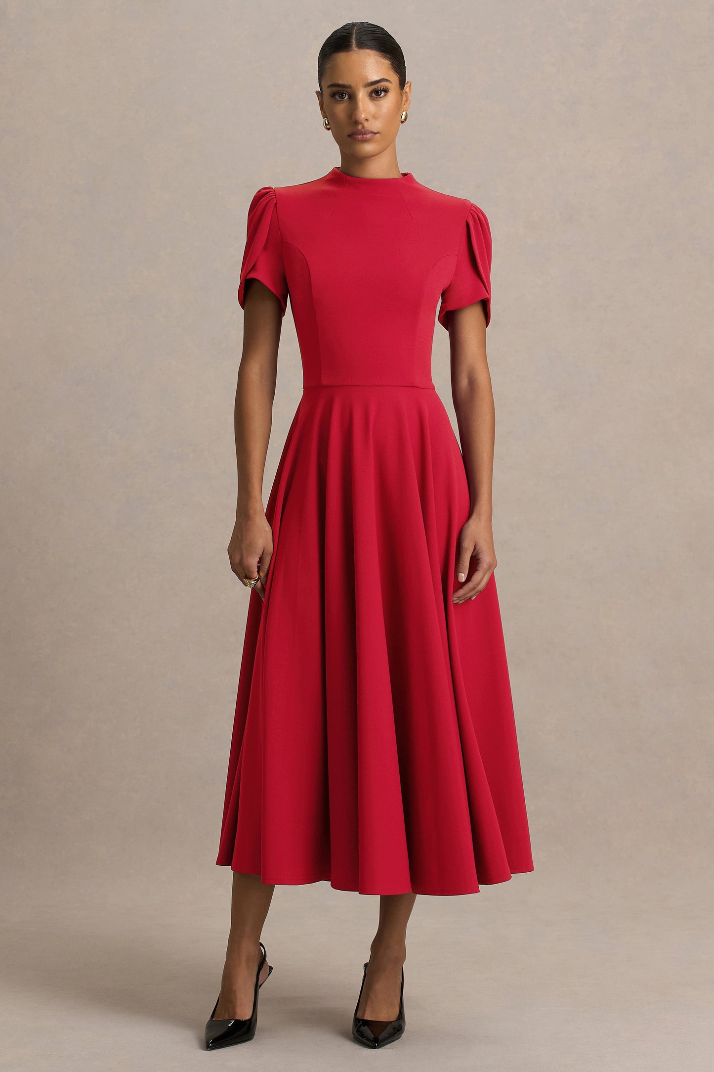 Vicky | Red High Neck Midi Dress With Puff Sleeves