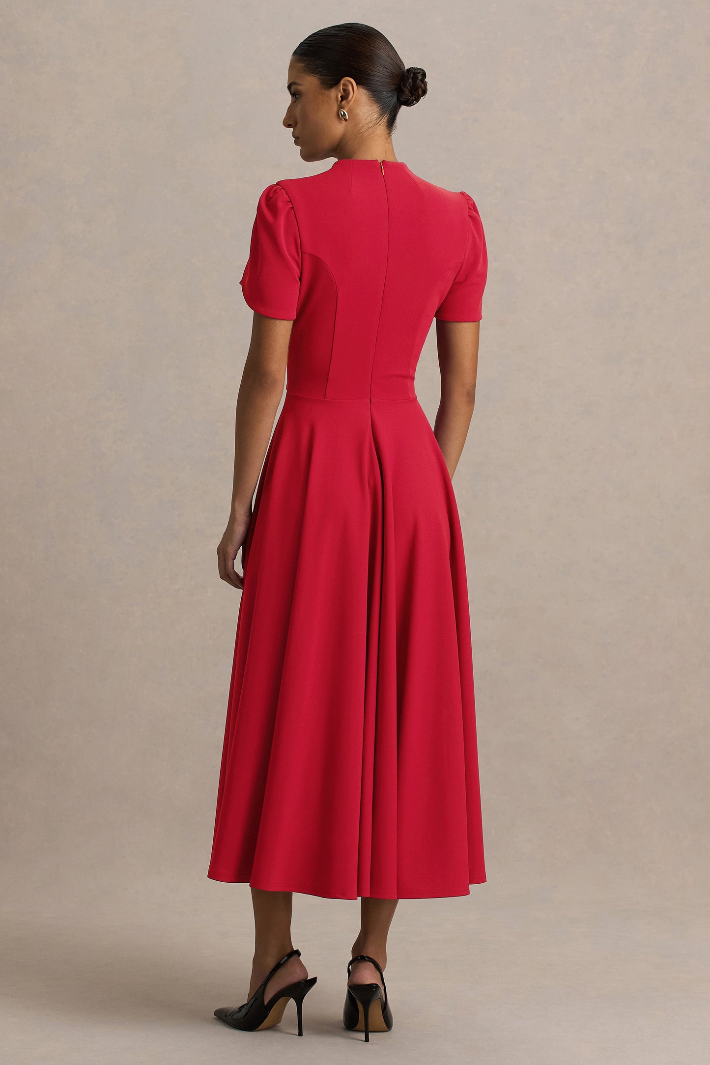 Vicky | Red High Neck Midi Dress With Puff Sleeves