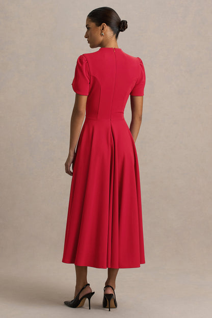 Vicky | Red High Neck Midi Dress With Puff Sleeves