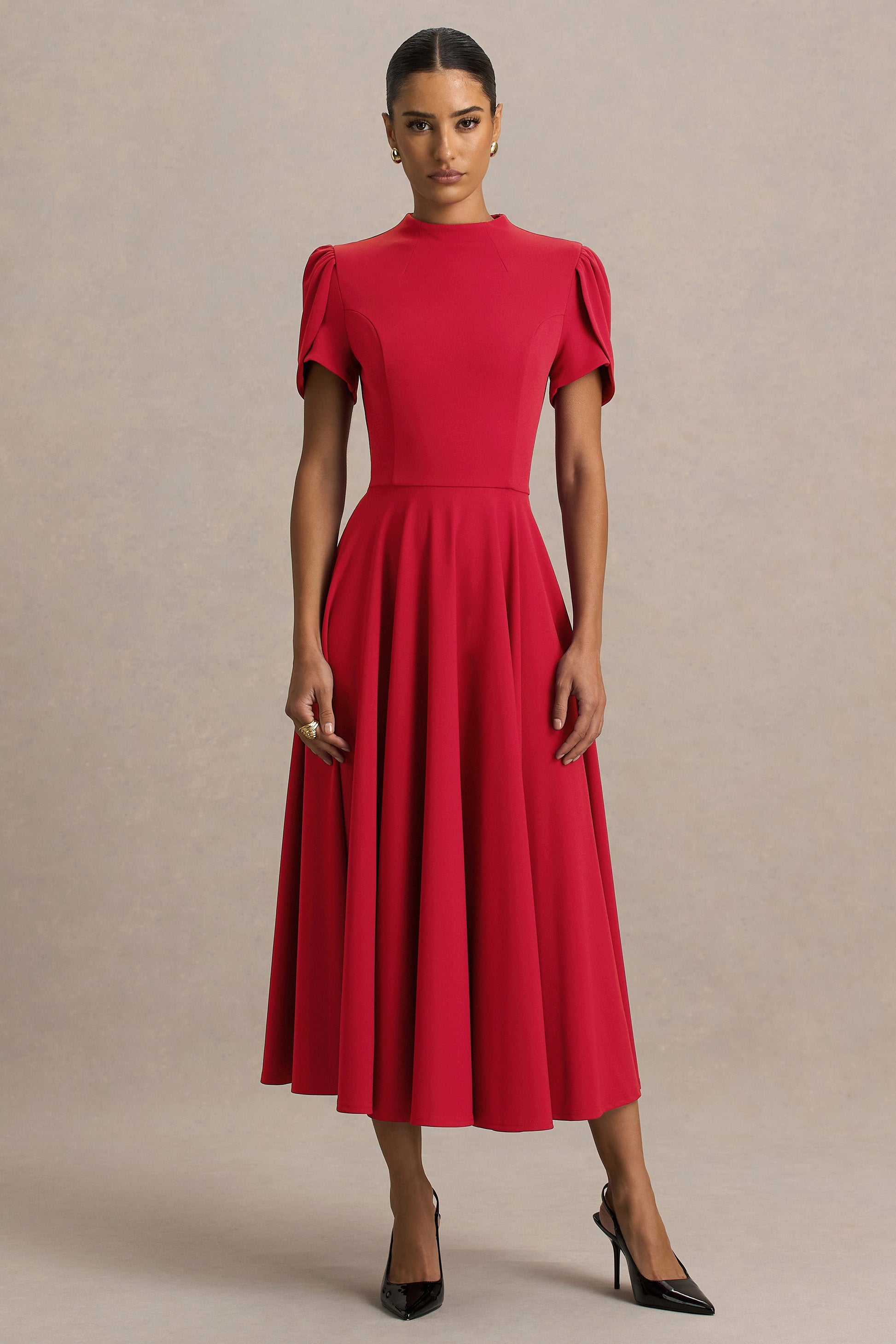 Vicky | Red High Neck Midi Dress With Puff Sleeves