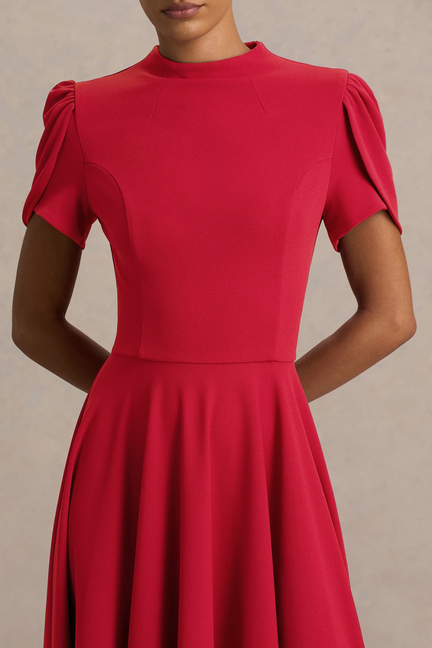 Vicky | Red High Neck Midi Dress With Puff Sleeves