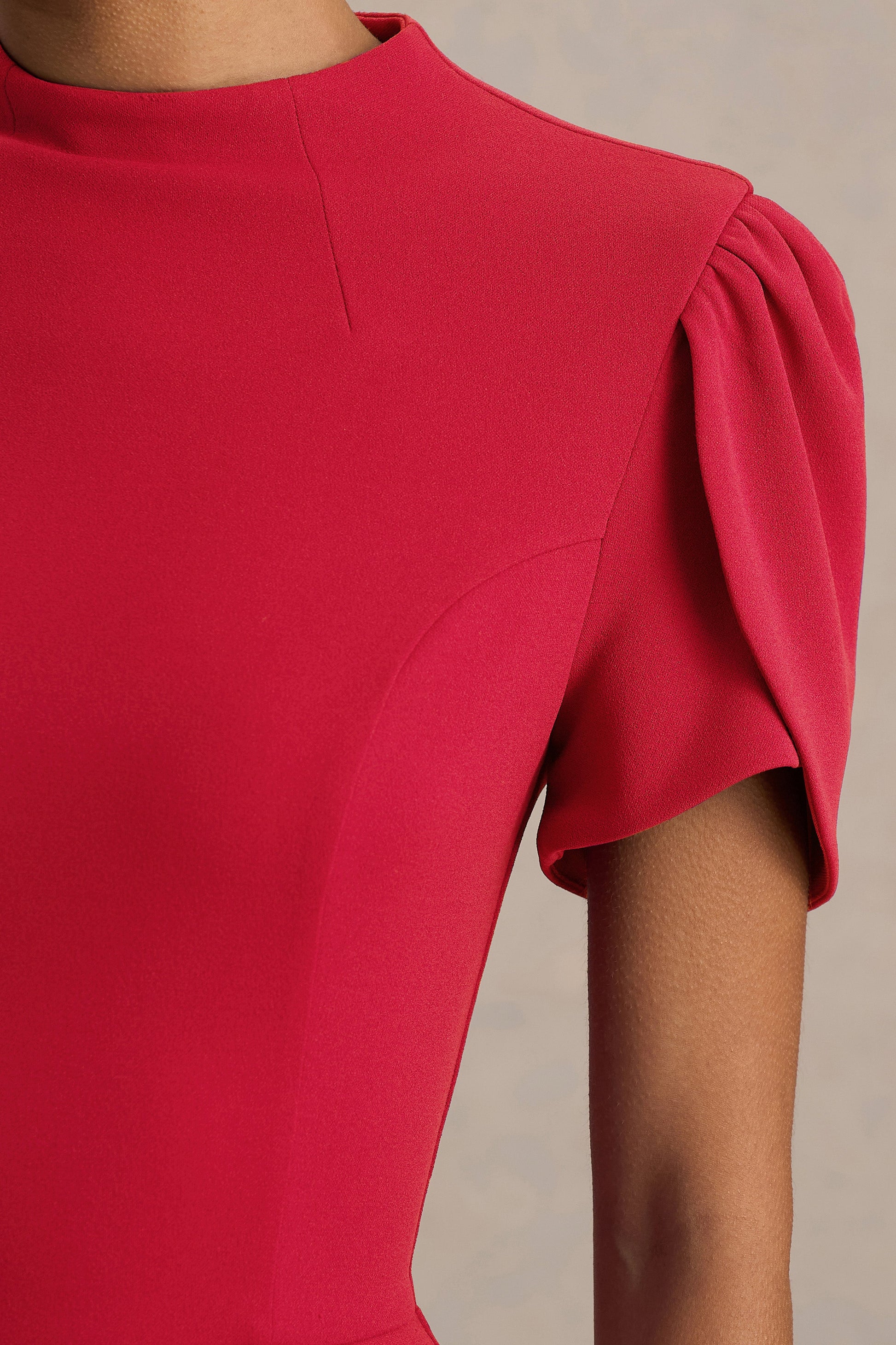 Vicky | Red High Neck Midi Dress With Puff Sleeves