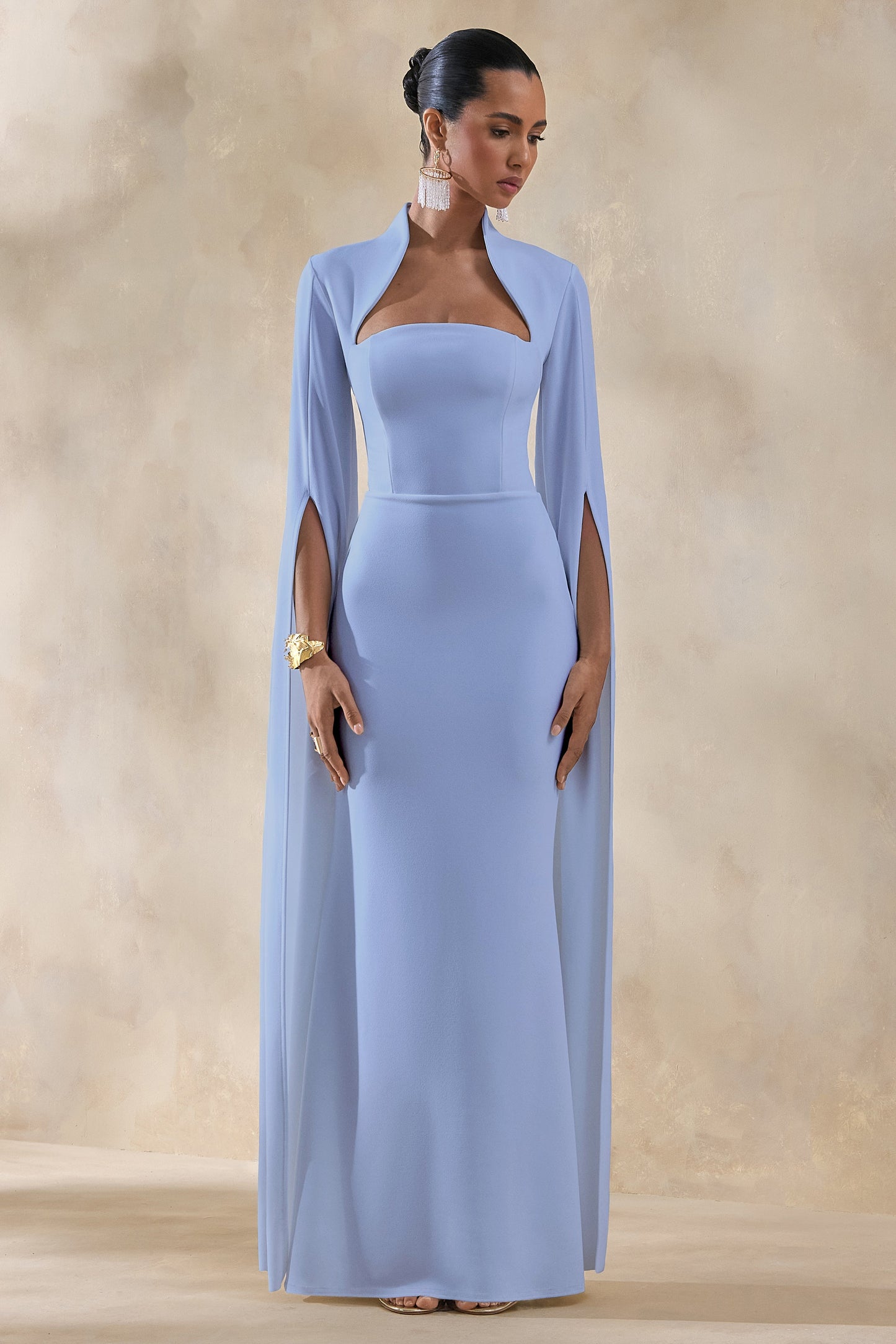 Esme | Light Blue Square-Neck Maxi Dress With Cape Sleeves
