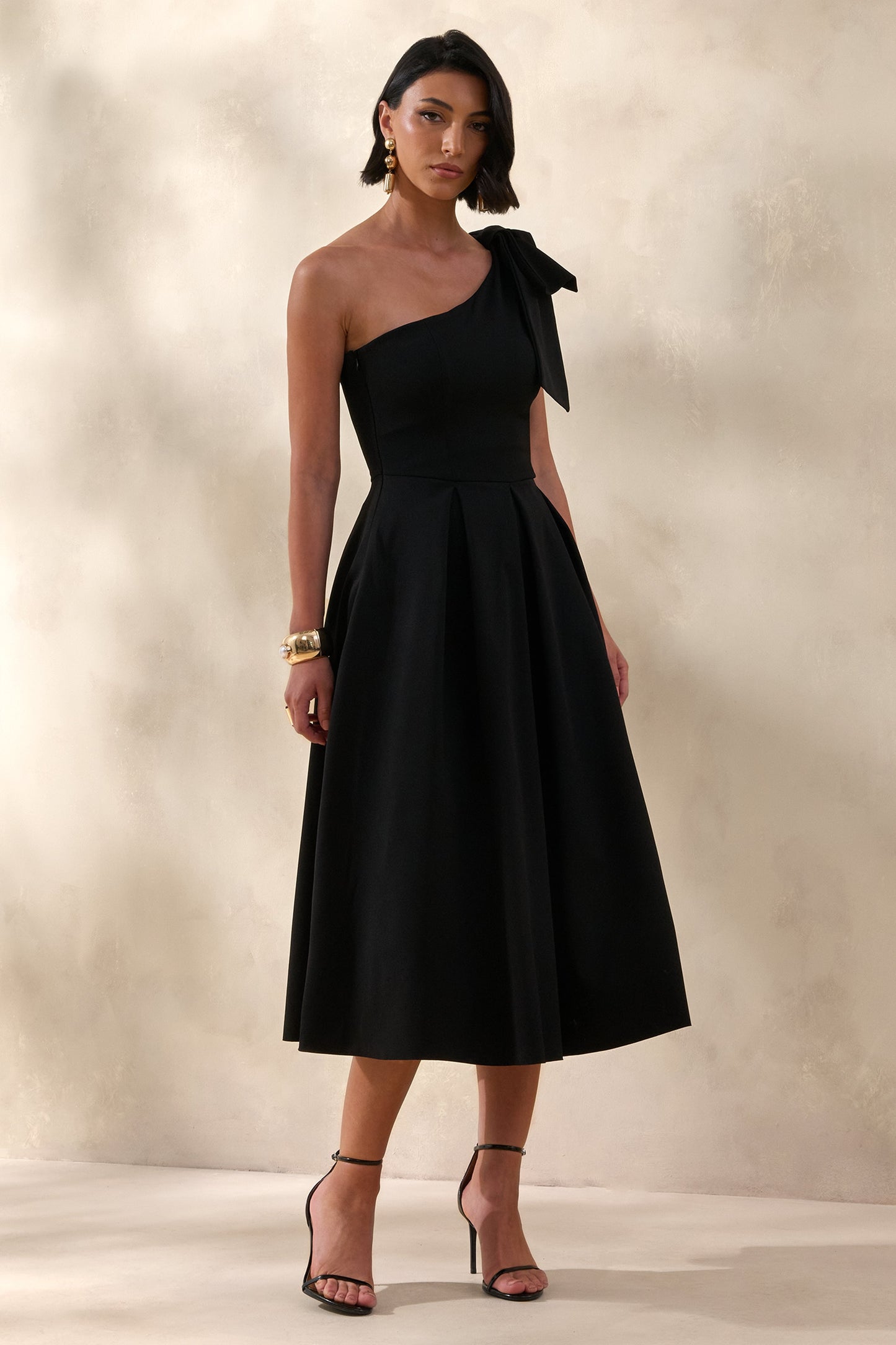 Meria | Black Asymmetric-Neck Midi Dress With Bow-Sleeve