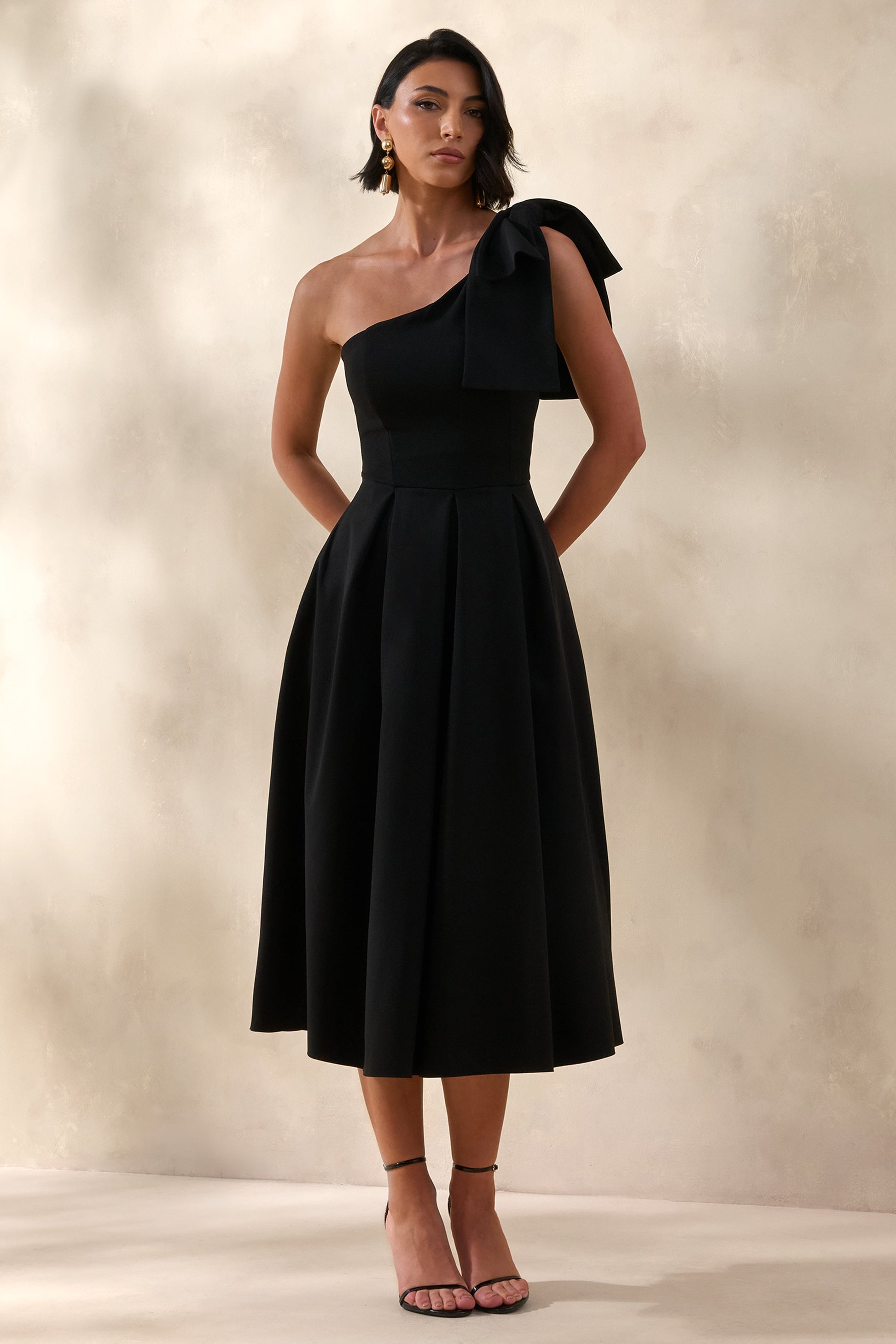 Meria | Black Asymmetric-Neck Midi Dress With Bow-Sleeve