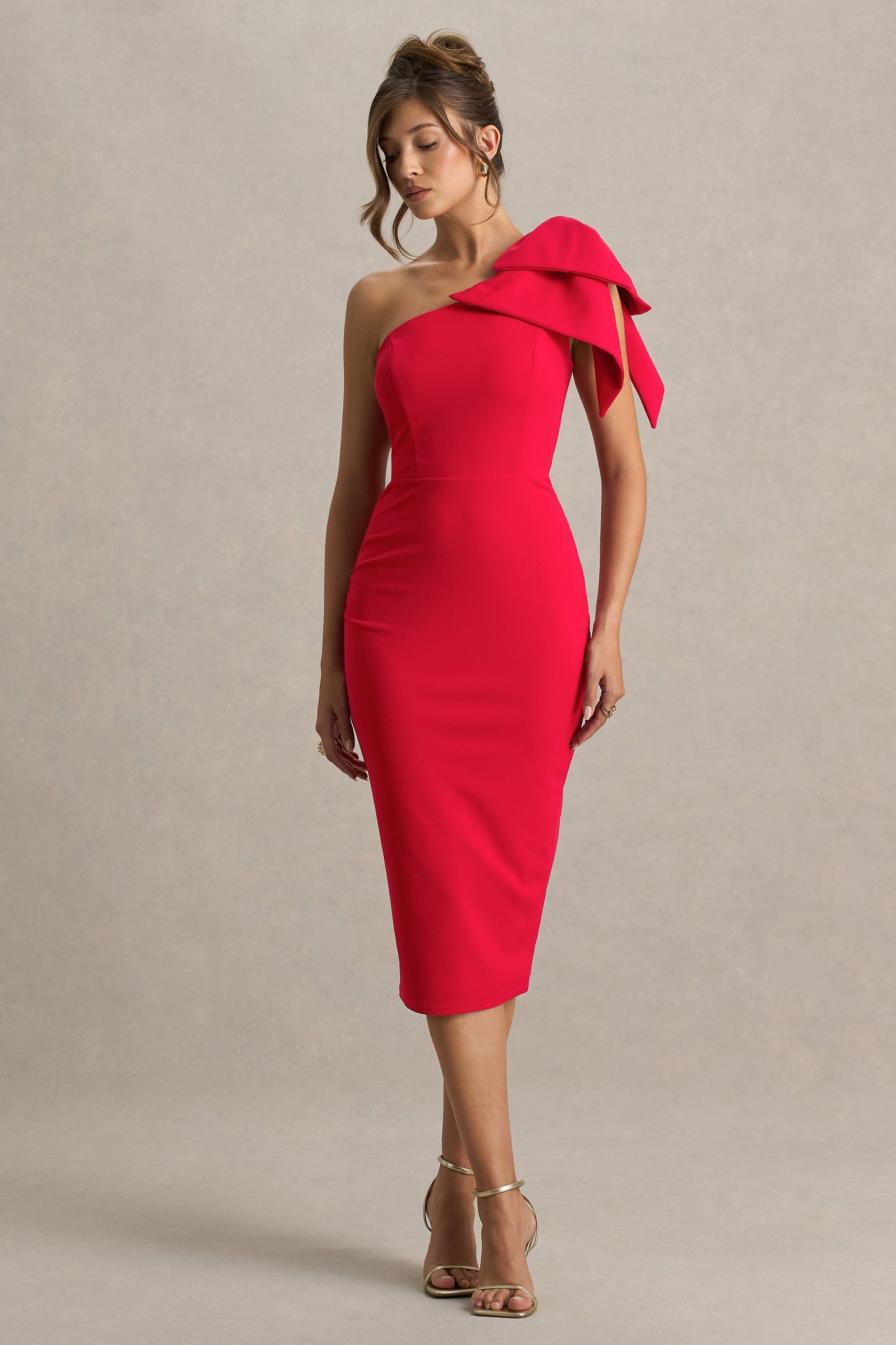 Ambretta | Red One-Shoulder Midi Dress With Bow