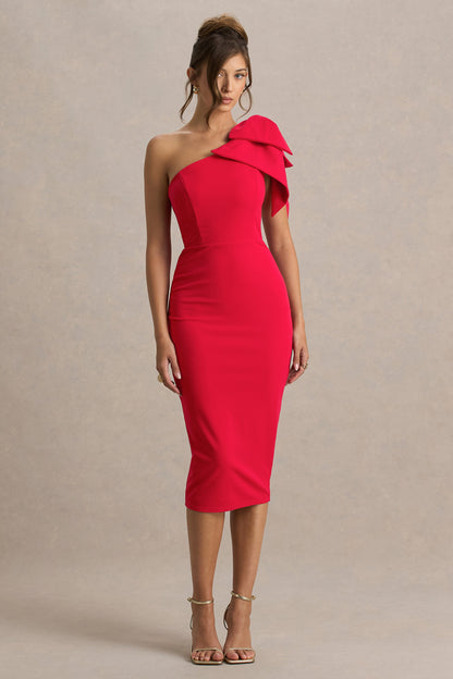 Ambretta | Red One-Shoulder Midi Dress With Bow