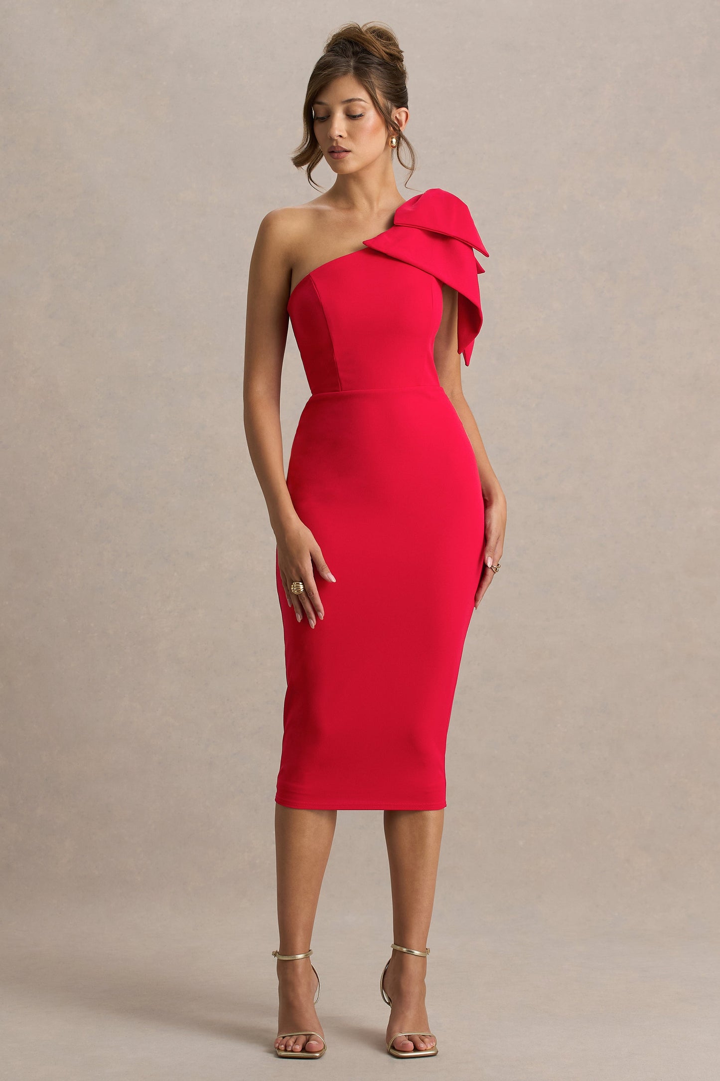 Ambretta | Red One-Shoulder Midi Dress With Bow