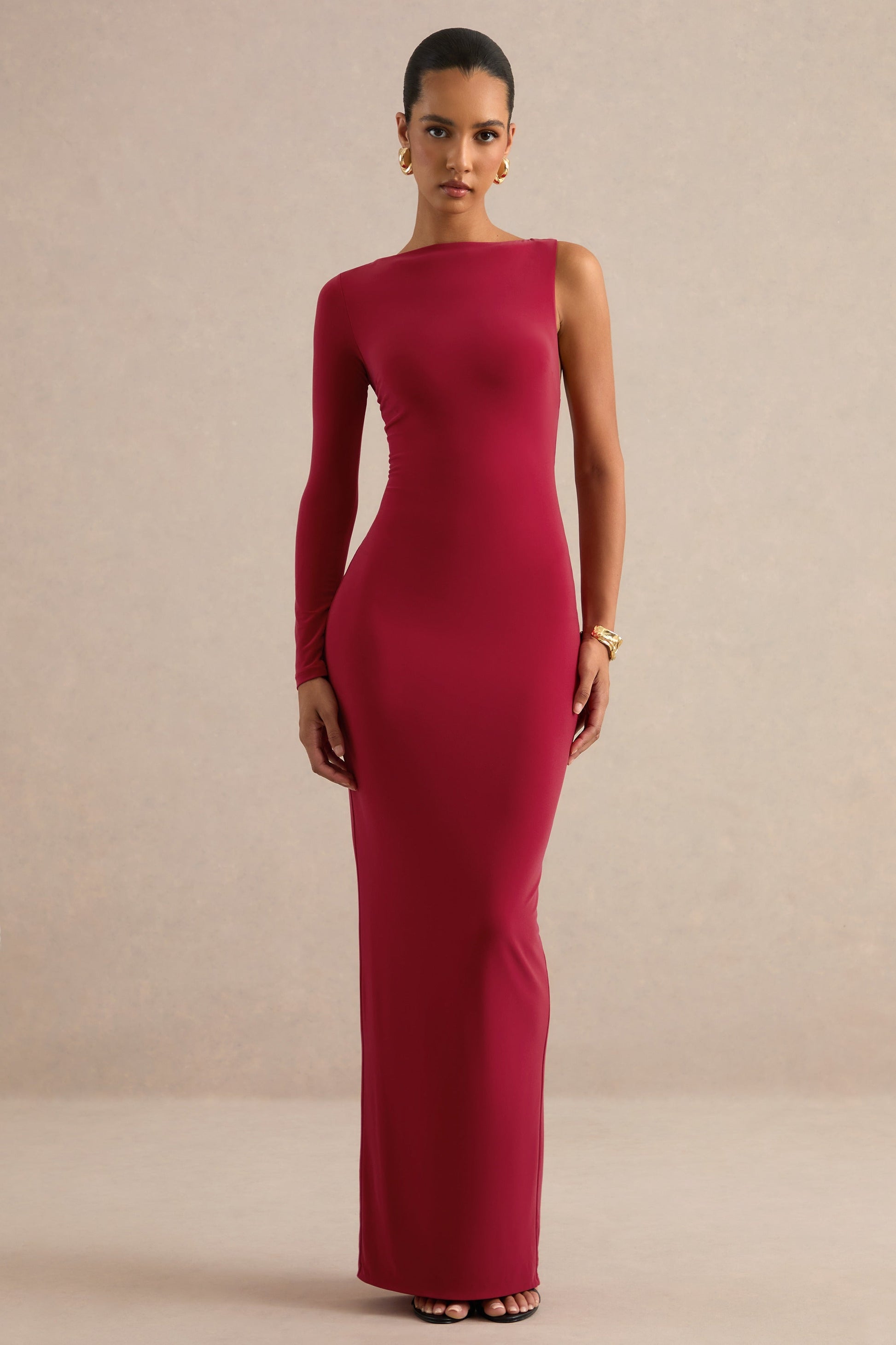 Kestrel | Red Round-Neck One Sleeve Maxi Dress