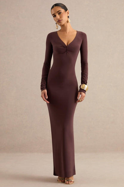Lucina | Dark Brown V-Neck Maxi Dress With Ruched Detailing