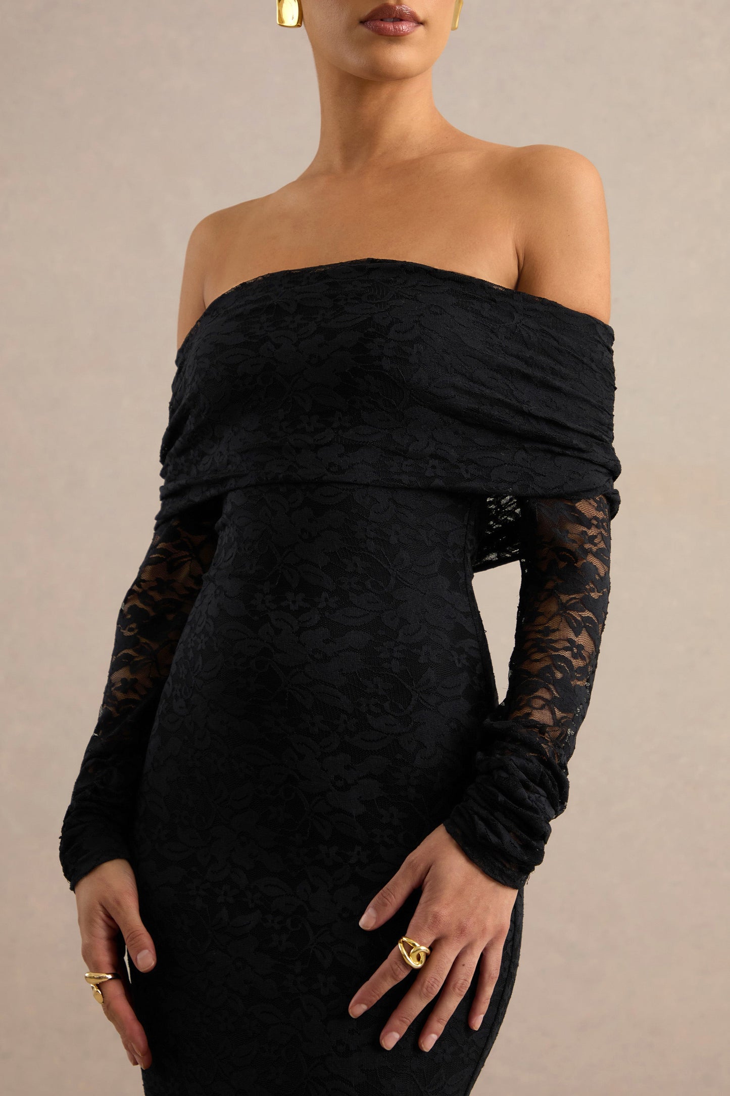 Maelora | Black Lace Bardot-Neck Maxi Dress With Scarf