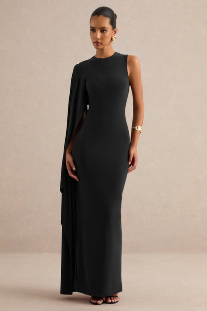 Maravelle | Black Round-Neck Maxi Dress With Cape Sleeve