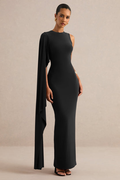 Maravelle | Black Round-Neck Maxi Dress With Cape Sleeve