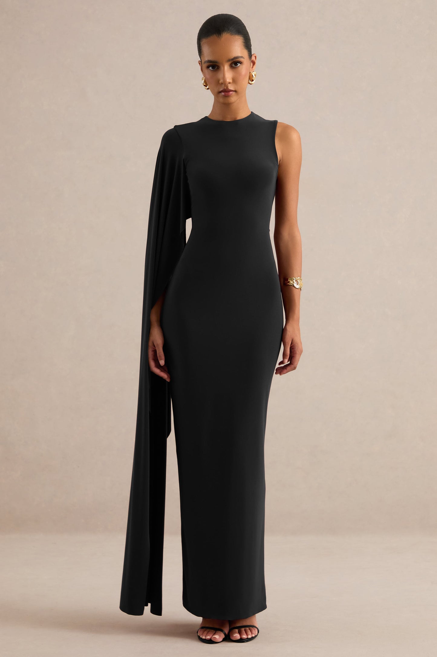 Maravelle | Black Round-Neck Maxi Dress With Cape Sleeve