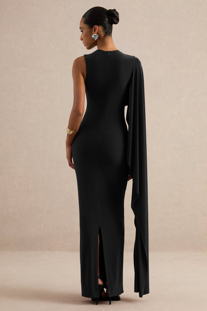 Maravelle | Black Round-Neck Maxi Dress With Cape Sleeve